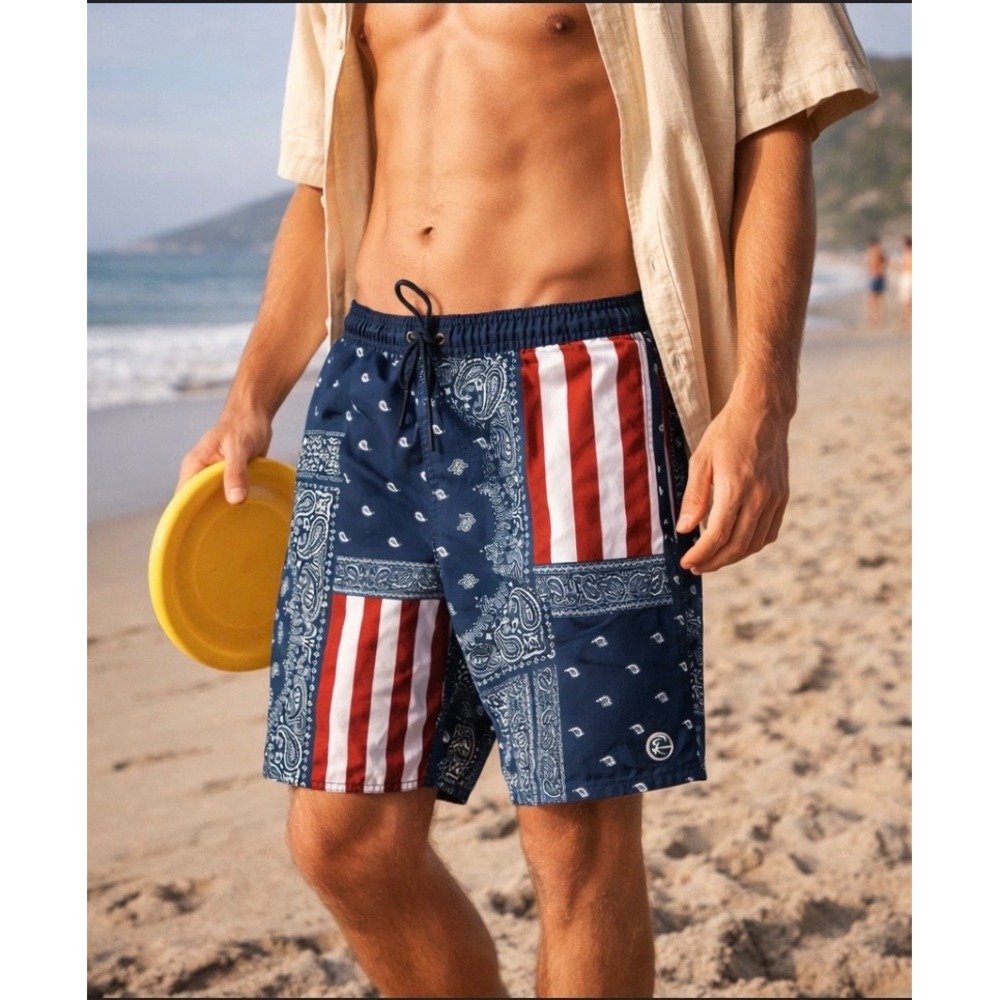 O'Neill Mens Americana Bandana Paisley Striped Swim/Bo Navy Red White rd shorts